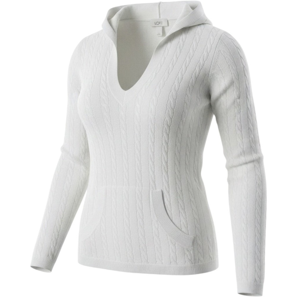 Ann Taylor LOFT Womens White Cable Knit Hooded Sweater V-Neck Small